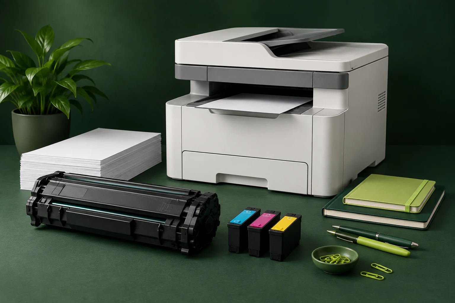 Composición ilustrativa de una impresora, tóner, cartuchos de color, papel y material de papelería